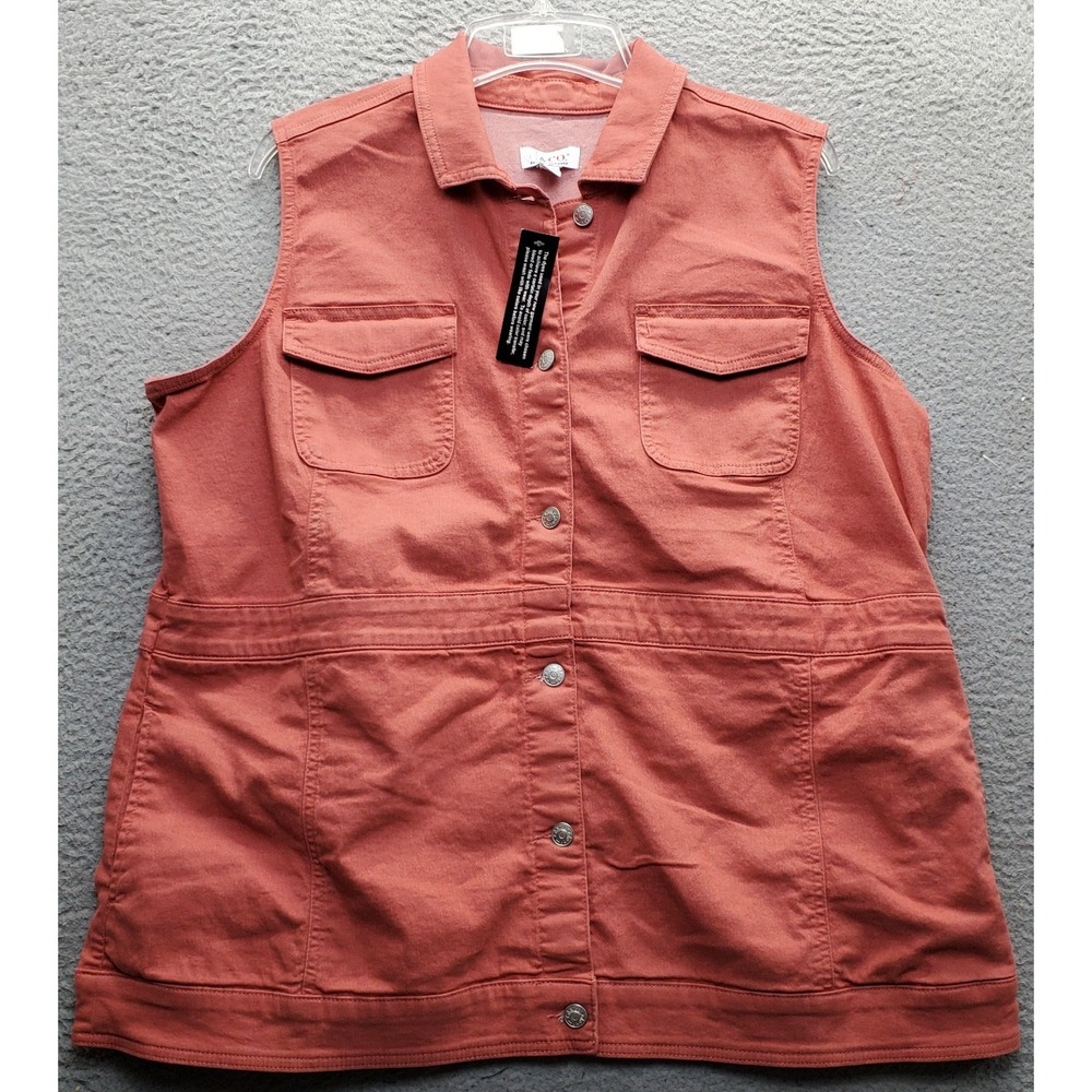 Denim & Co. Utility Vest Womens XL Red Denim Chest Flap Pockets Button Front